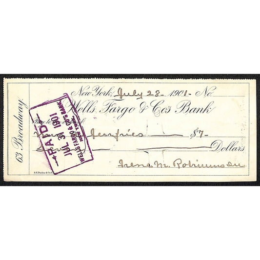 1901 Wells Fargo & Co Bank 63 Broadway NYC Check to A. Jefferies $7