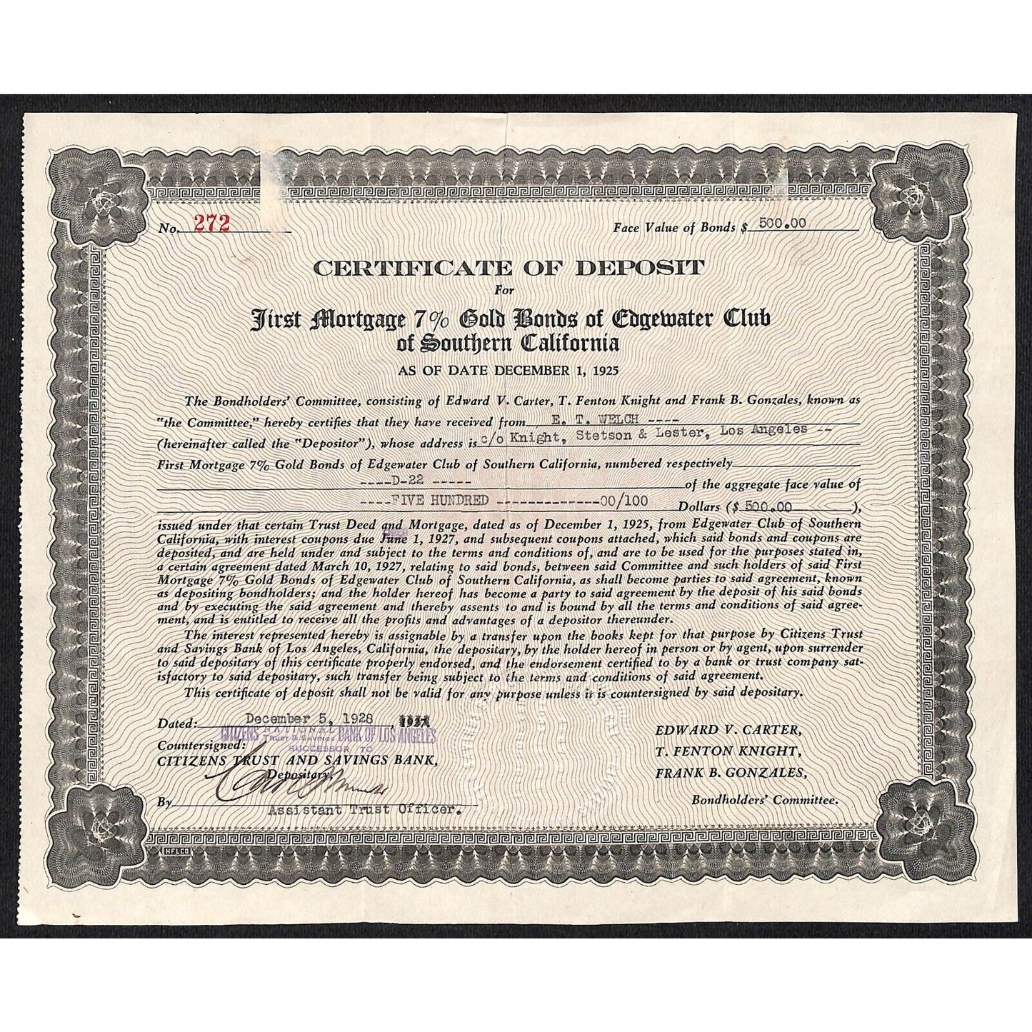 Edgewater Club of Southern California 1925 Certificate of Deposit E.T. Welch