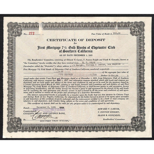 Edgewater Club of Southern California 1925 Certificate of Deposit E.T. Welch