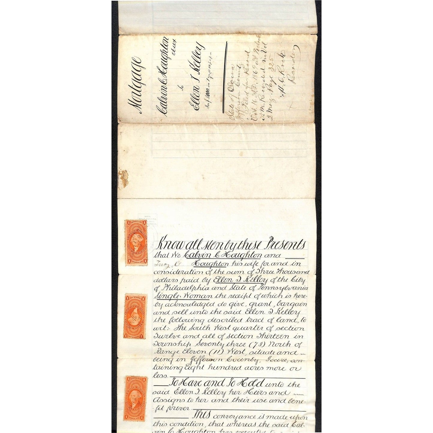 Calvin C. Houghton / Ellen J. Kelley Jefferson County, IA 1869 Mortgage Document