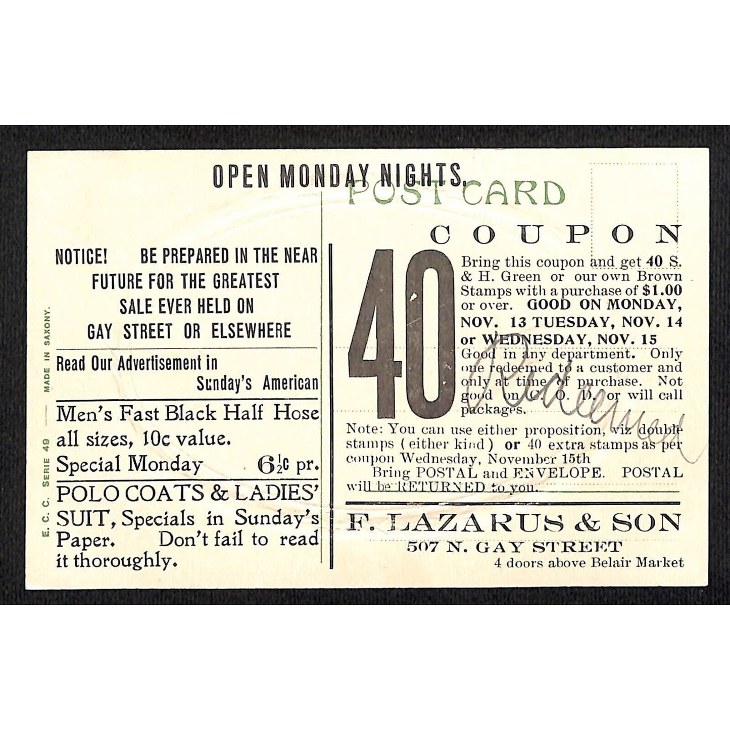 F. Lazarus & Son (Baltimore) Advertising Postcard Clothing Store c1910 Scarce