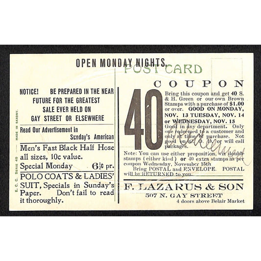 F. Lazarus & Son (Baltimore) Advertising Postcard Clothing Store c1910 Scarce