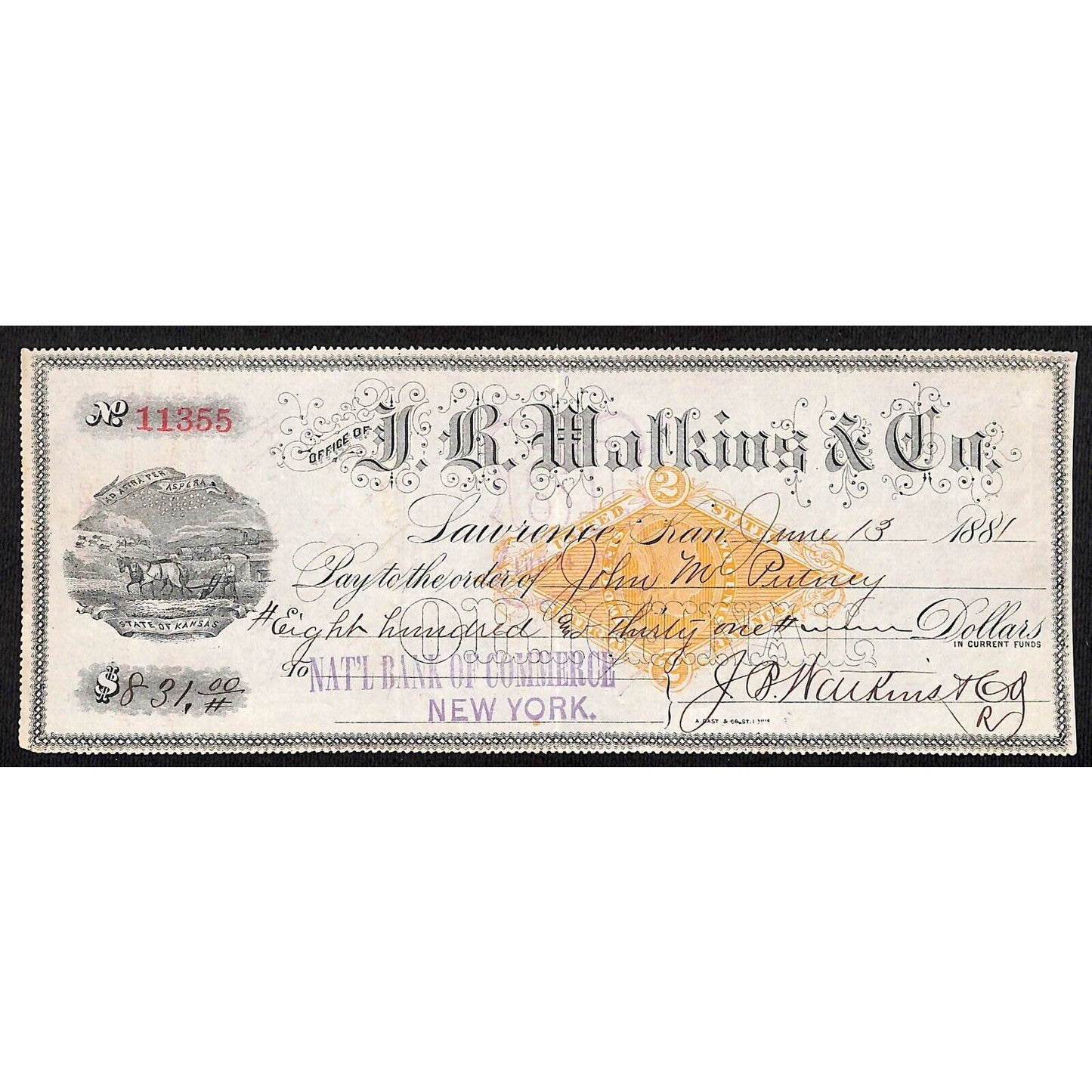 J.B. Wolkins & Co? Lawrence, KS 1881 Bank Check w/ Rev. Stamp & Farming Vignette