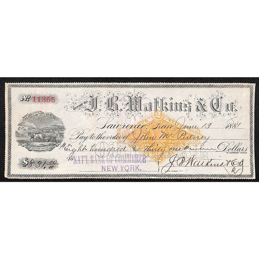 J.B. Wolkins & Co? Lawrence, KS 1881 Bank Check w/ Rev. Stamp & Farming Vignette