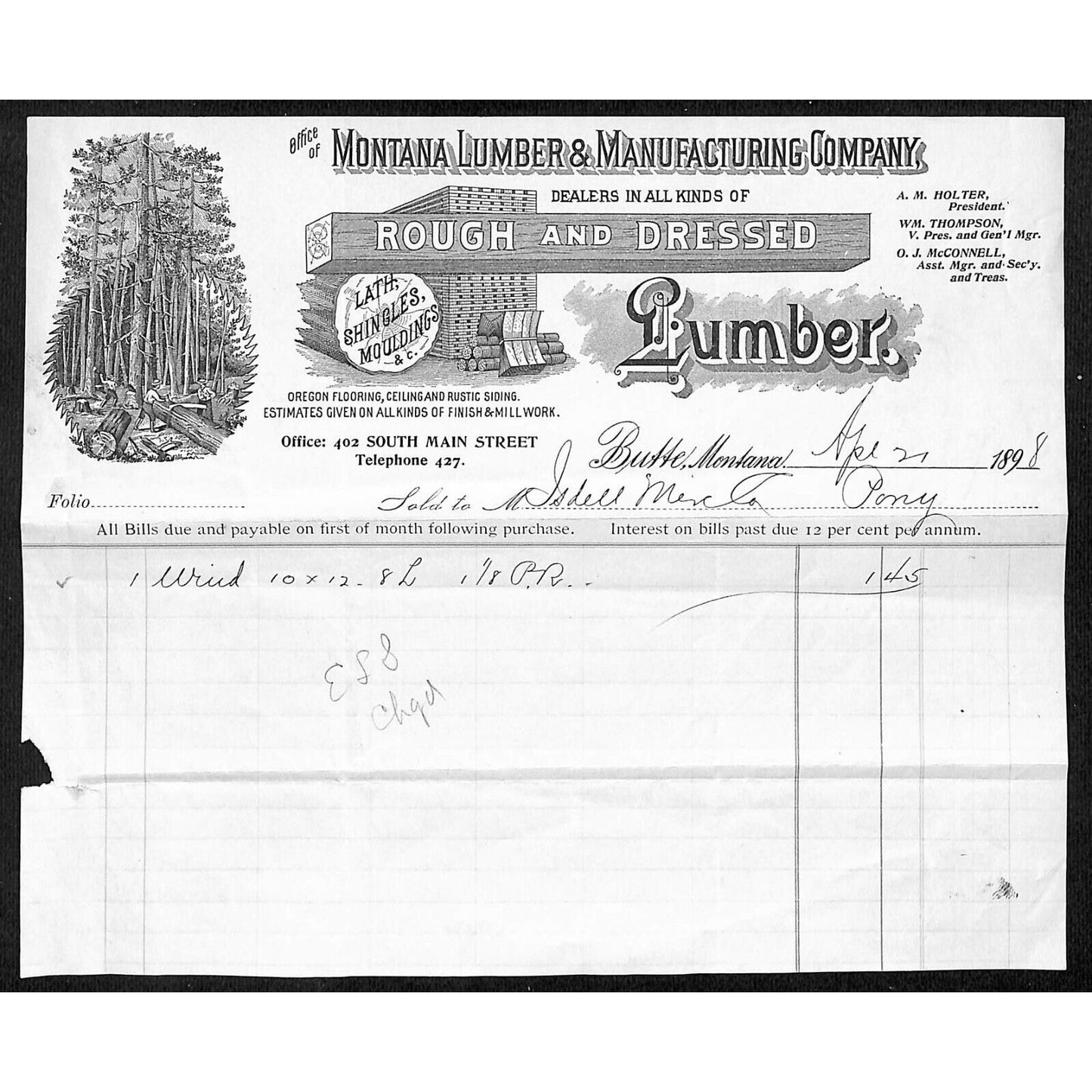 Montana Lumber & Manufacturing Co. Butte, MT 1898 Billhead Scarce