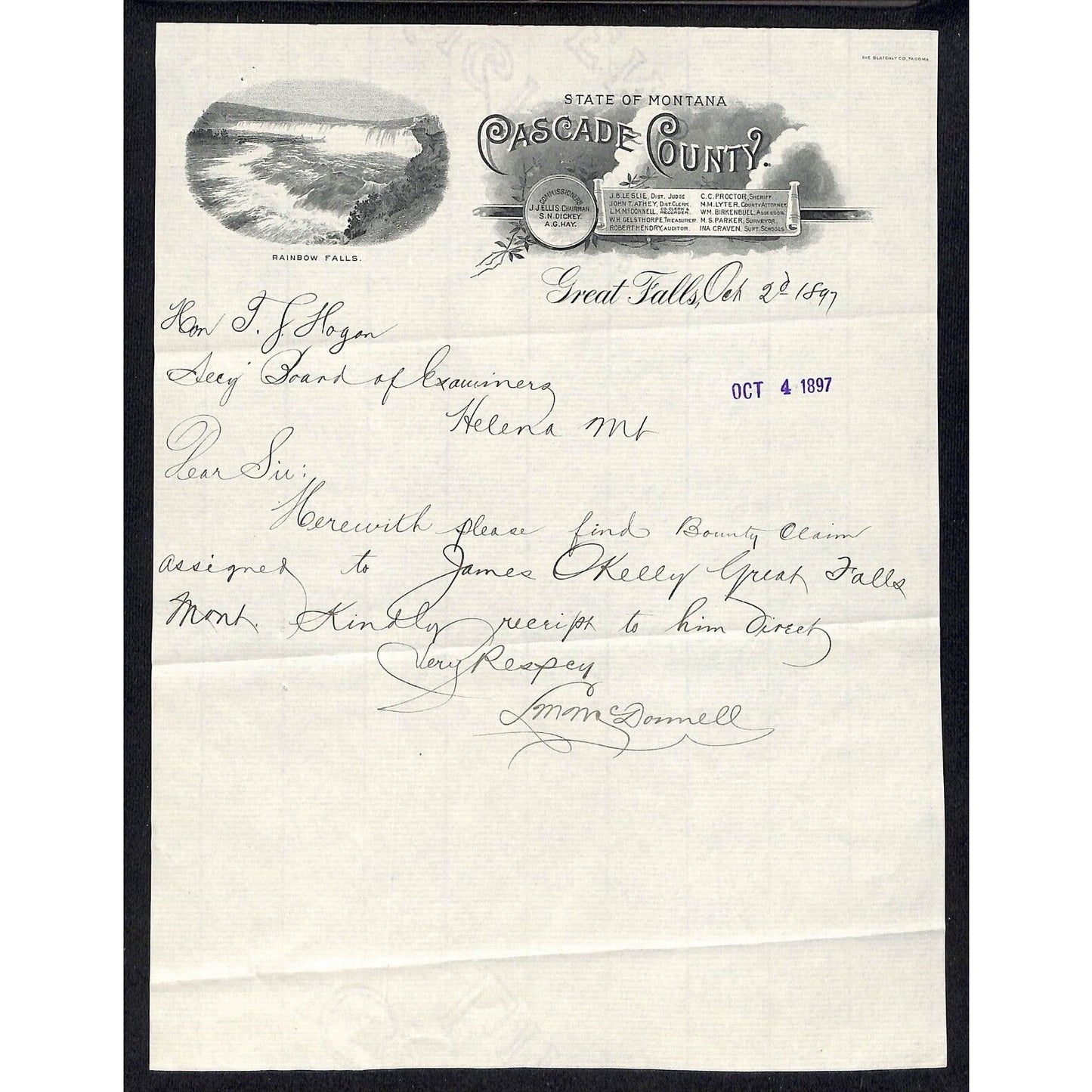 1897 State of Montana, Cascade County Great Falls Letterhead re: Bounty Claim
