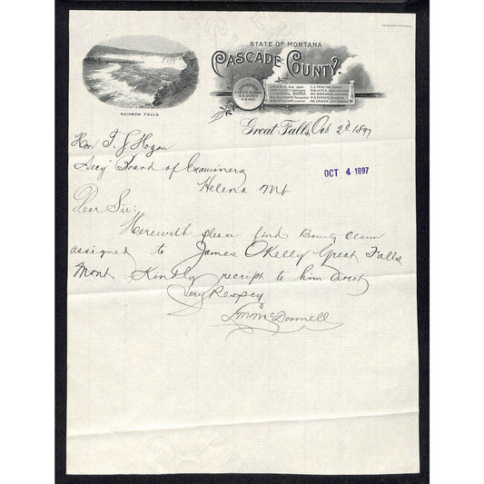 1897 State of Montana, Cascade County Great Falls Letterhead re: Bounty Claim