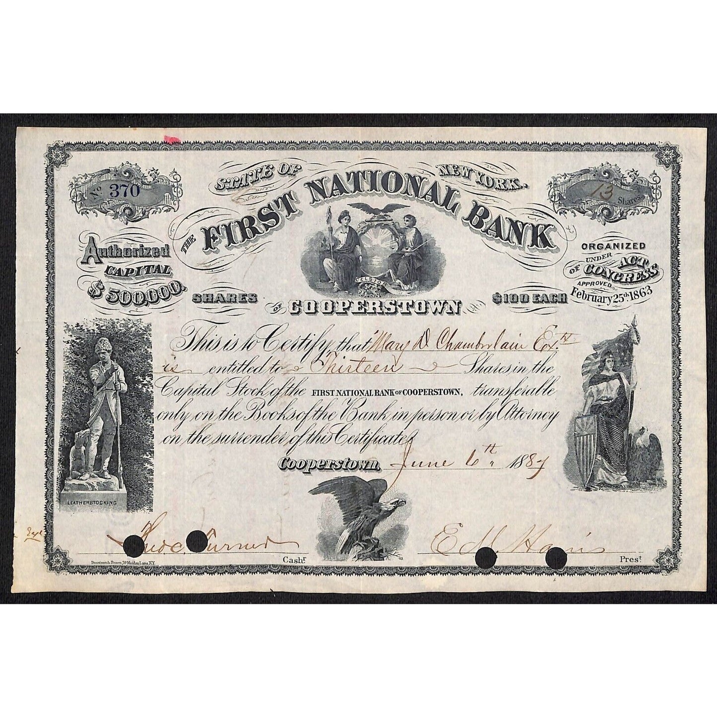 First National Bank of Cooperstown 1887 Stock Certificate Mary D. Chamberlain
