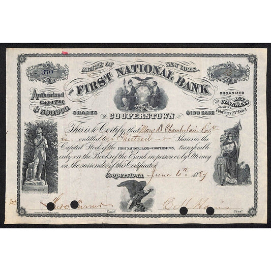 First National Bank of Cooperstown 1887 Stock Certificate Mary D. Chamberlain