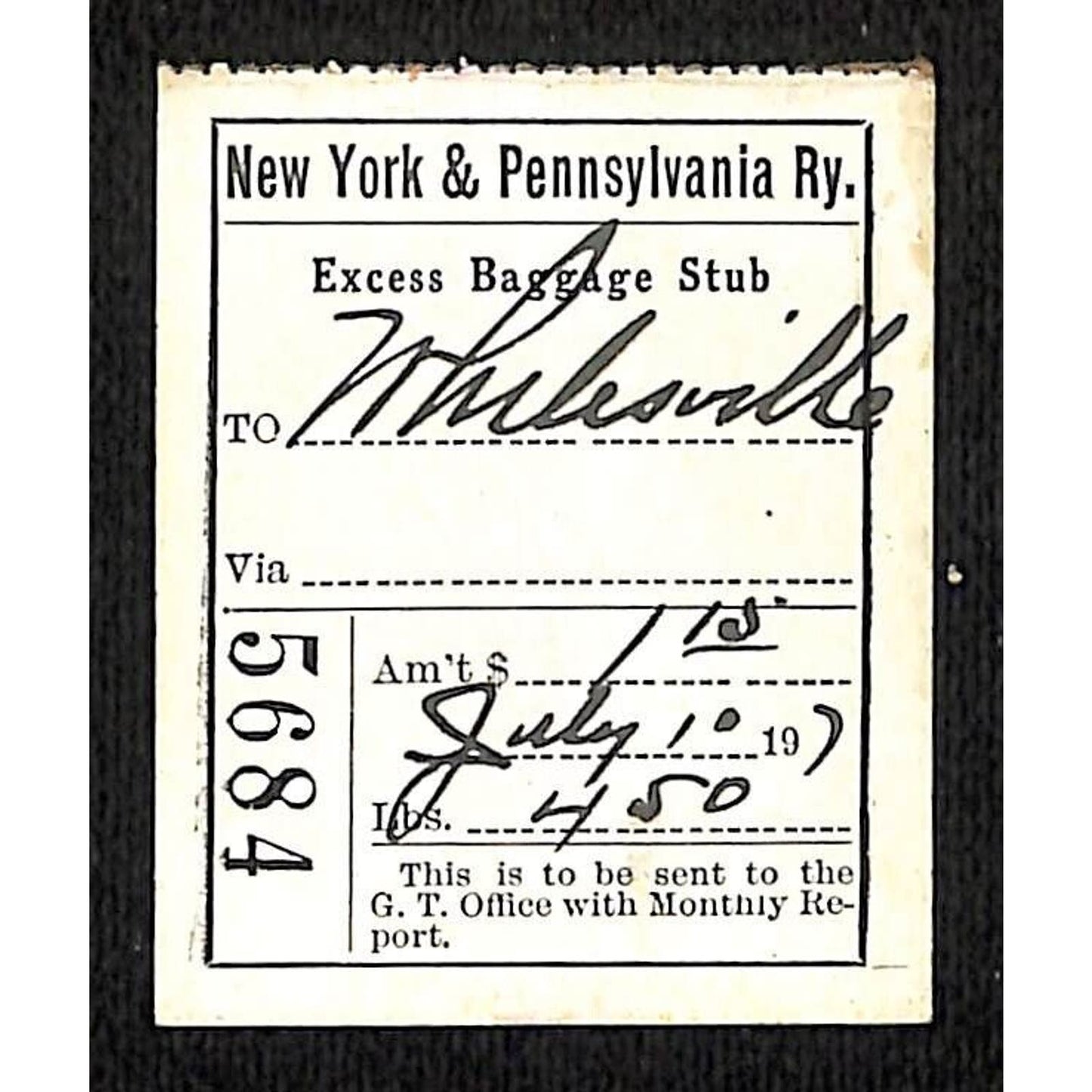 New York & Pennsylvania Railroad (NYP) July 1 1917 Excess Baggage Stub Scarce