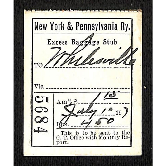 New York & Pennsylvania Railroad (NYP) July 1 1917 Excess Baggage Stub Scarce
