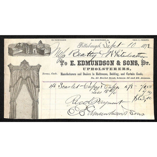 E. Edmundson & Sons Upholsterers 1872 Billhead Whiteleather* N. Georgetown, OH