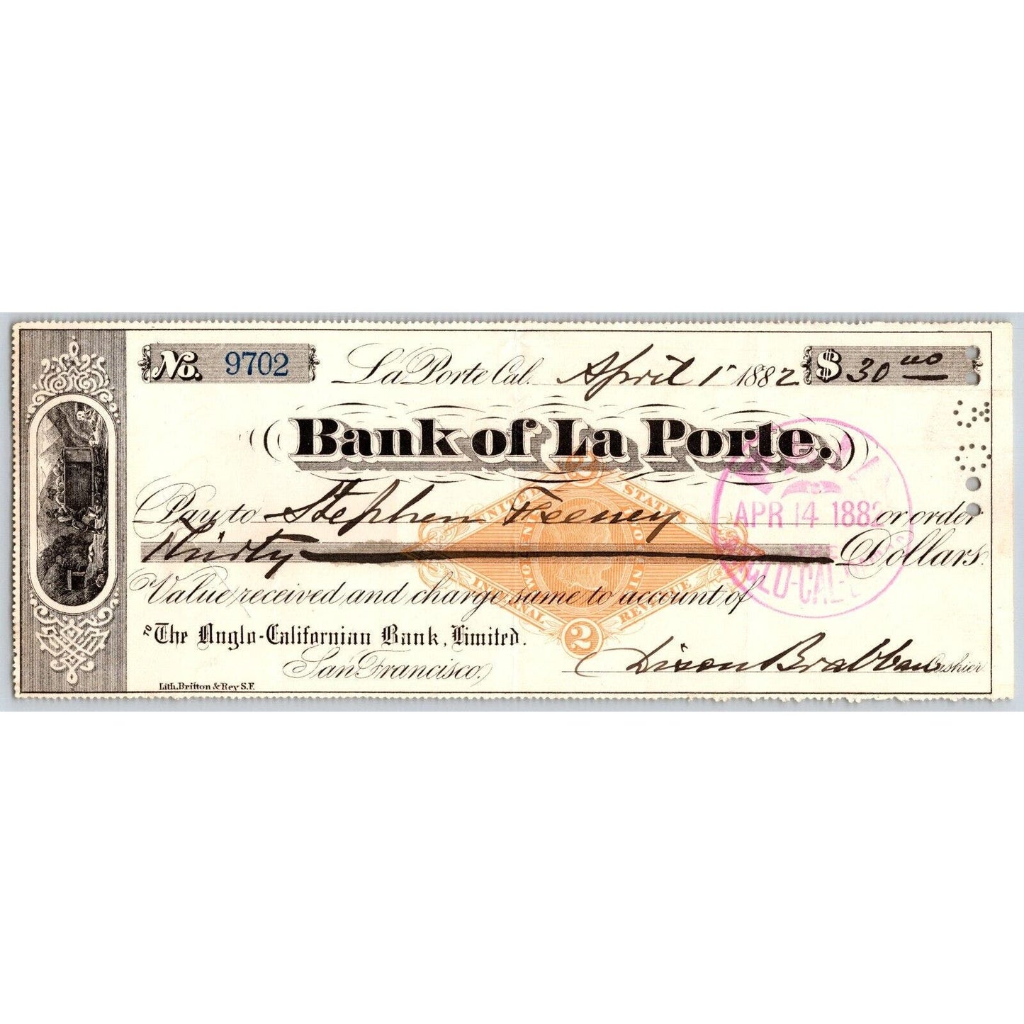 Bank of La Porte Check Stephen Feeney 1882 Mining Vignette RN-G1 Rev Stamp #9702