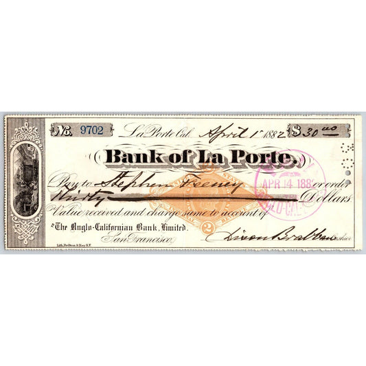 Bank of La Porte Check Stephen Feeney 1882 Mining Vignette RN-G1 Rev Stamp #9702