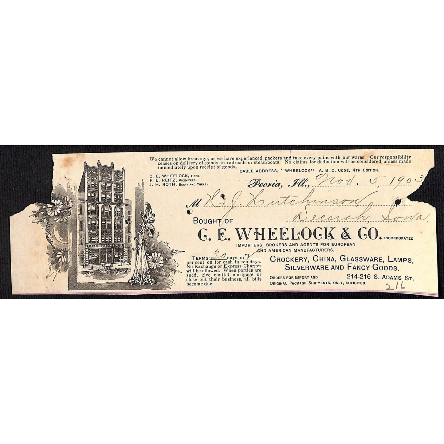 C.E. Wheelock & Co. Peoria, IL HJ Hutchinson Decorah, IA* Cut 1903 Billhead