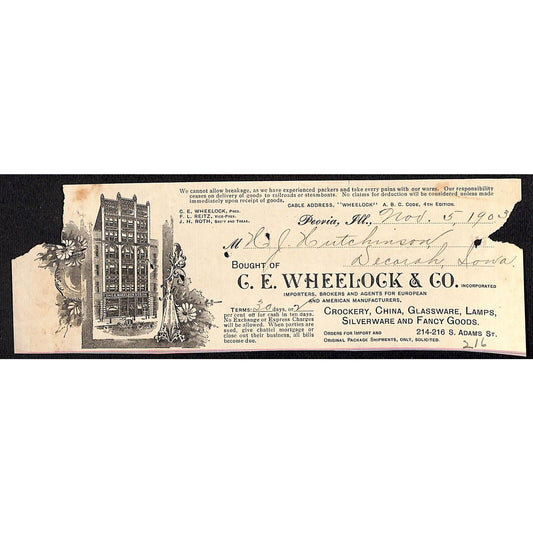 C.E. Wheelock & Co. Peoria, IL HJ Hutchinson Decorah, IA* Cut 1903 Billhead