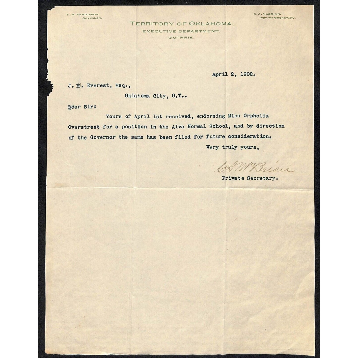 1902 Territory of Oklahoma Executive Department Guthrie TLS Letterhead Scarce