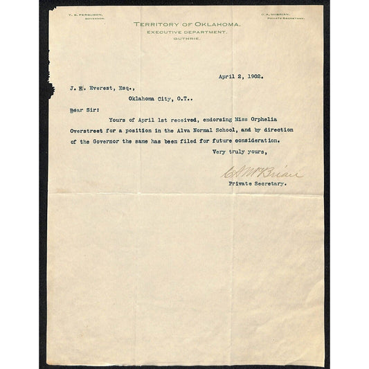 1902 Territory of Oklahoma Executive Department Guthrie TLS Letterhead Scarce