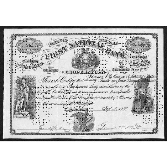 First National Bank of Cooperstown NY 1929 Stock Certificate J.B. Kerr / Bunyan