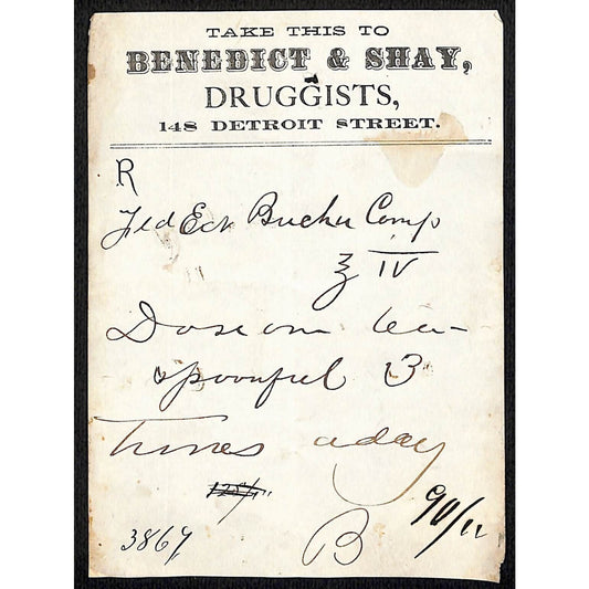 Benedict & Shay Druggist 148 Detroit Street c1870's? Prescription #3869