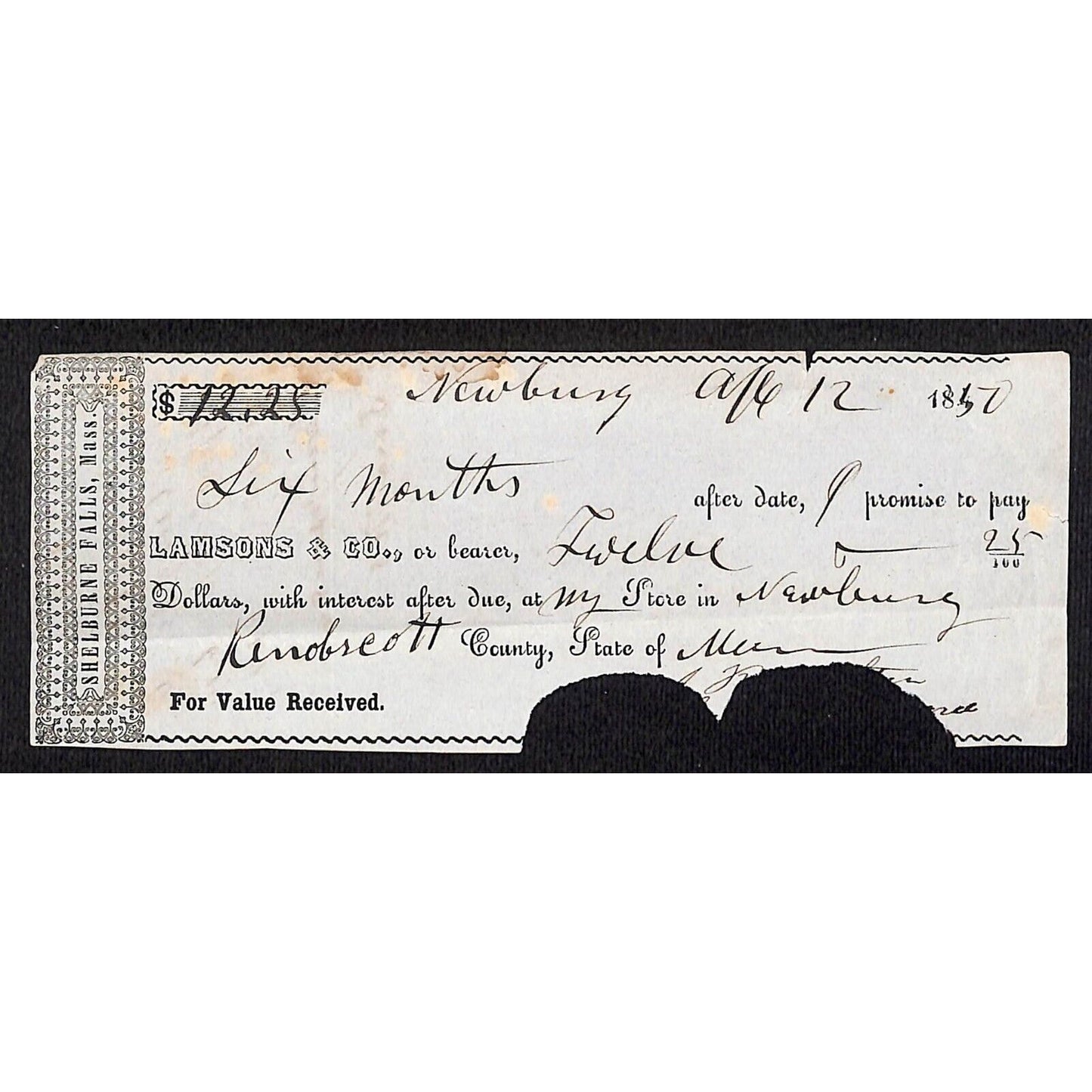 1850 Jabez Knowlton* Newburgh, ME Lamsons & Co. (Sythes ?) Promissory Note