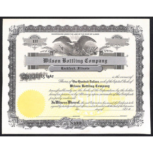 Wilson Bottling Co. Rockford, IL (Twin Lights) c1940's Stock Certificate #137