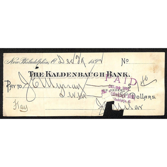 Kaldenbaugh Bank New Philadelphia, OH 1892 Bank Check "J.E. Murray" Scarce