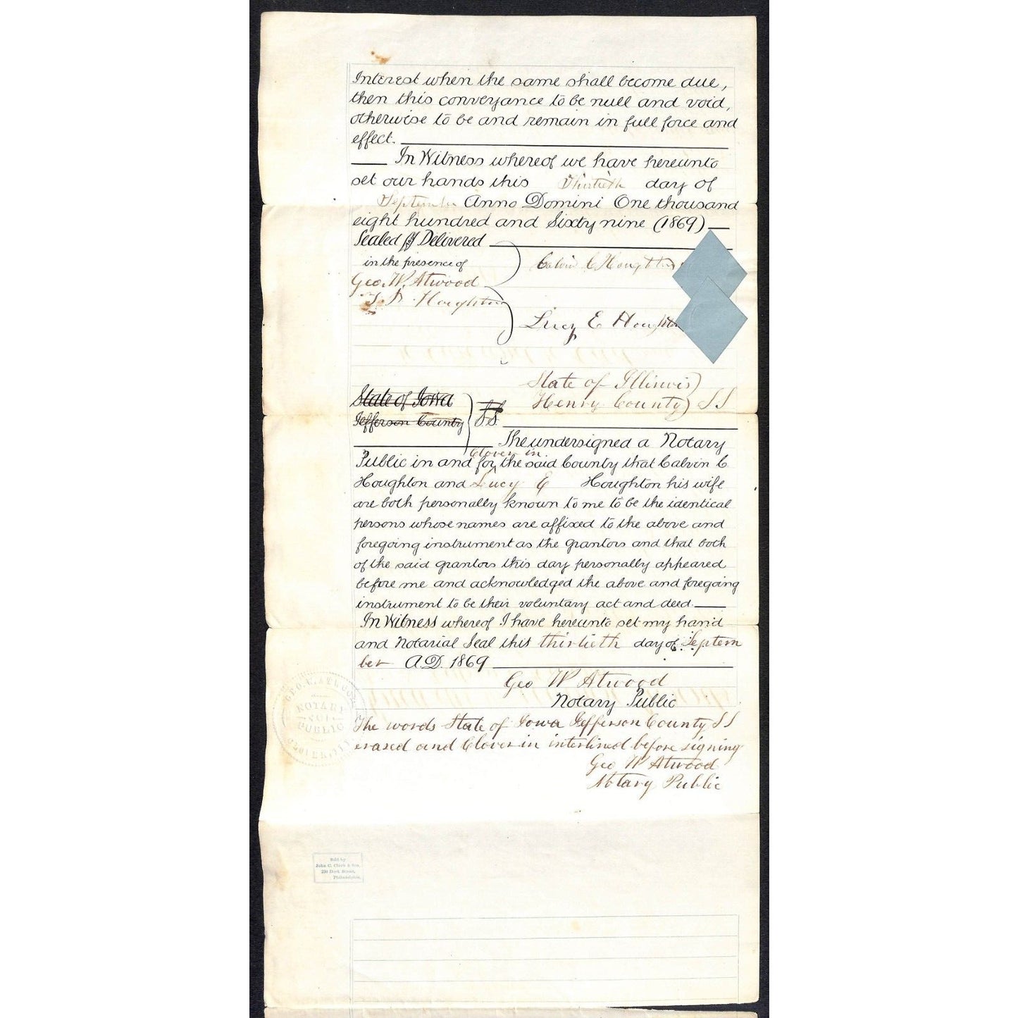 Calvin C. Houghton / Ellen J. Kelley Jefferson County, IA 1869 Mortgage Document