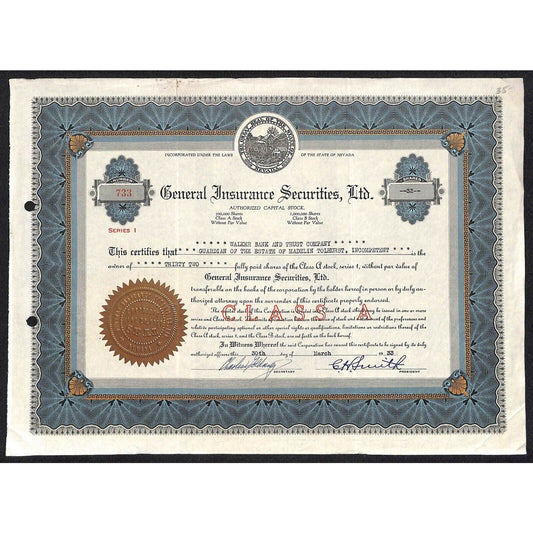 General Insurance Securities Nevada 1933 Stock Certificate Walker Bank Scarce