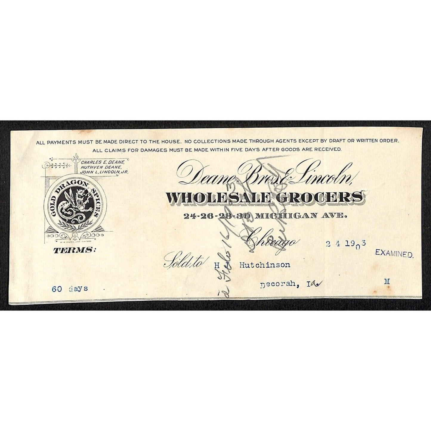 Deane Bros. & Lincoln Chicago Grocers Hutchinson Decorah IA* Cut 1903 Billhead