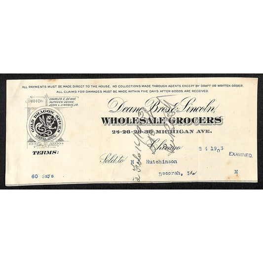 Deane Bros. & Lincoln Chicago Grocers Hutchinson Decorah IA* Cut 1903 Billhead
