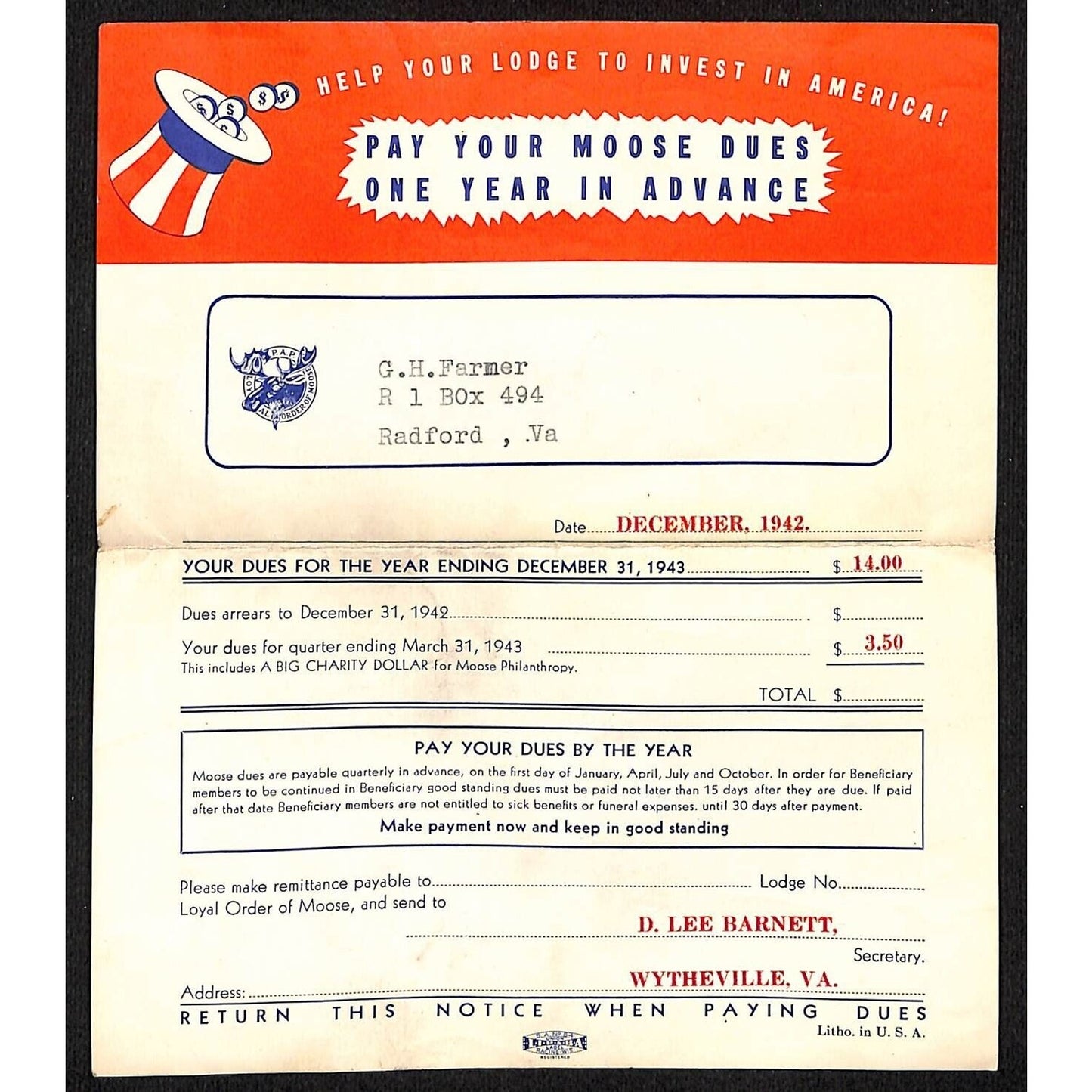 1942 Wytheville Loyal Order of Moose TLS Pictorial Cover WWII Era V for Victory