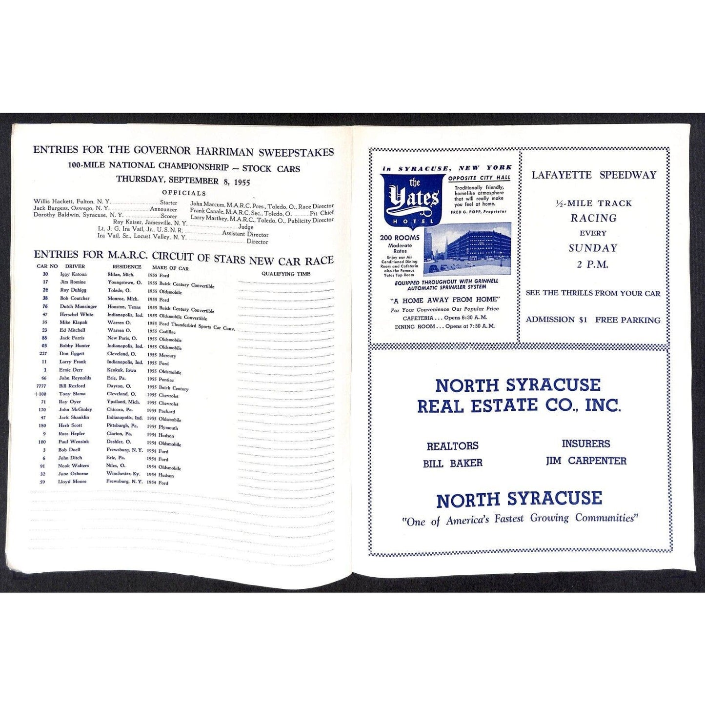 New York State Fair Auto Racing Program Stock Car Sept 1955 24pp Scarce