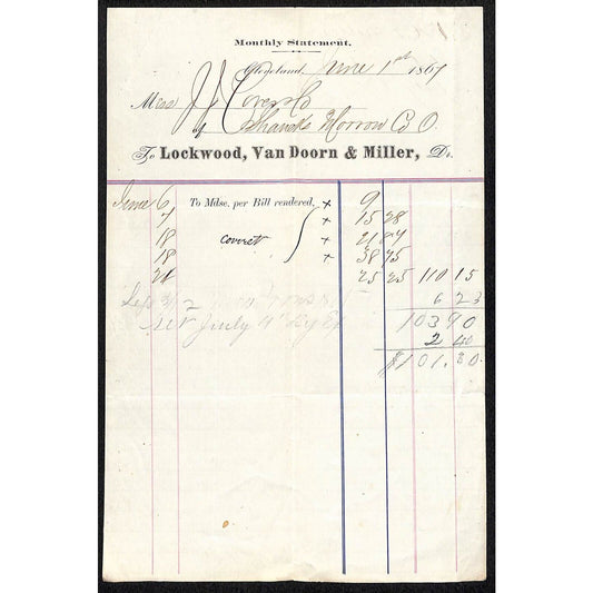 Lockwood, Van Doorn & Miller Cleveland 1867 Statement J.J. Cover* Scarce