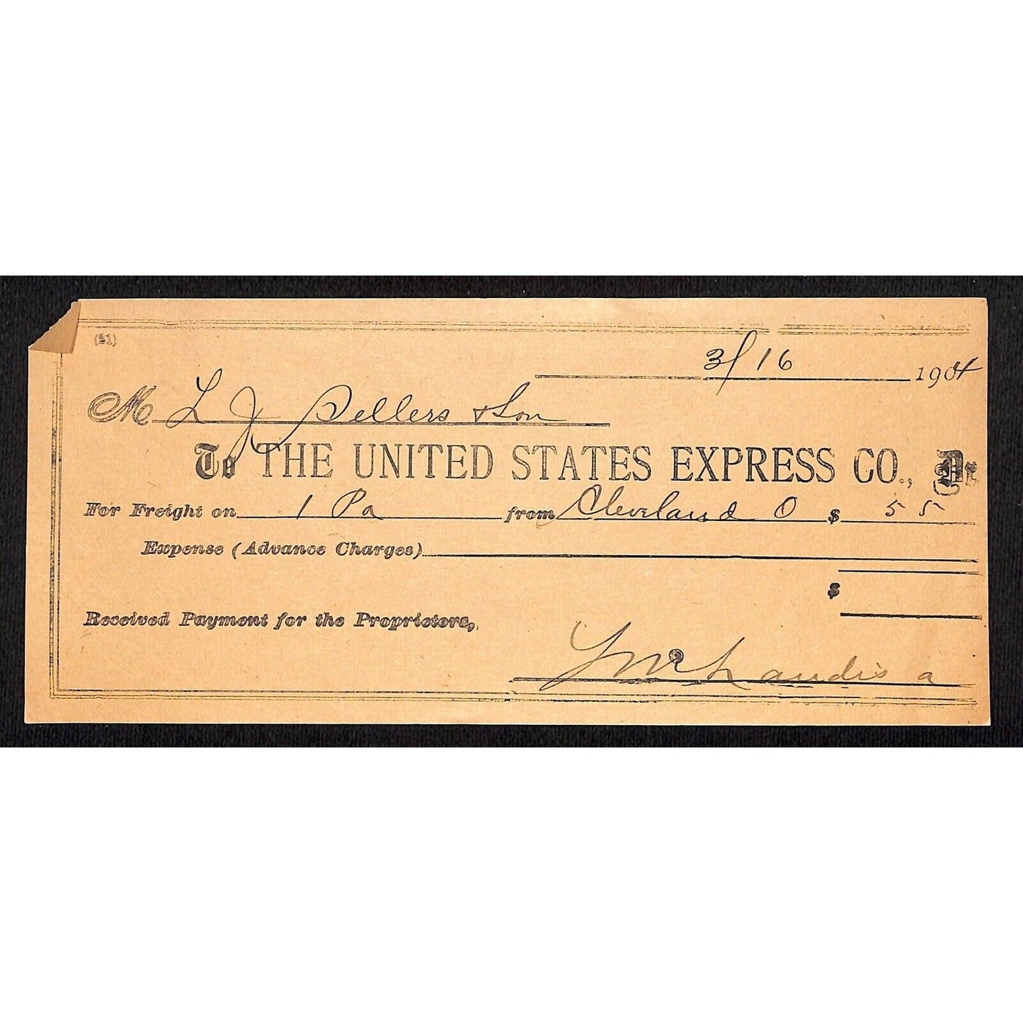 United States Express Co. 1904 Freight from Cleveland, OH Payment Receipt
