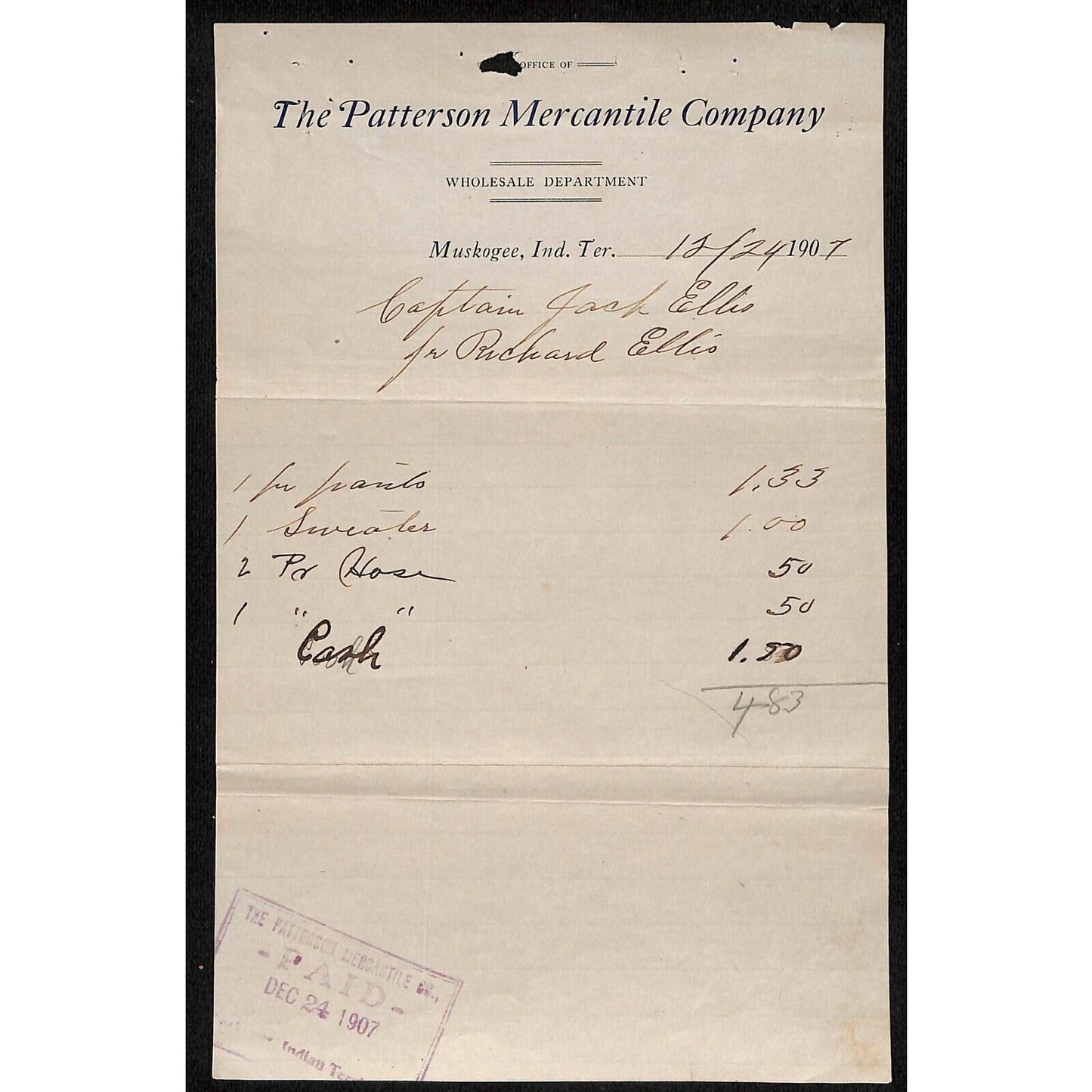1907 Patterson Mercantile Co. Muskogee, OK I.T. Billhead "Captain Jack Ellis"