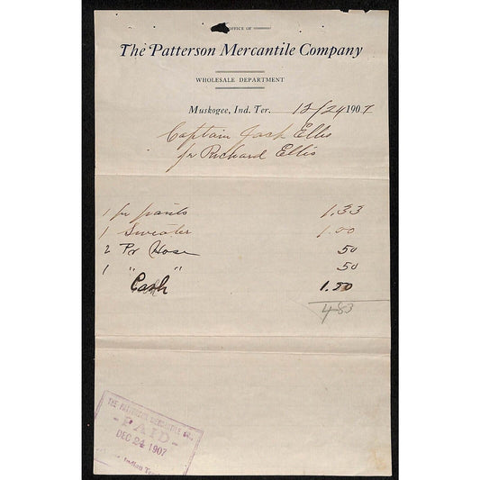 1907 Patterson Mercantile Co. Muskogee, OK I.T. Billhead "Captain Jack Ellis"