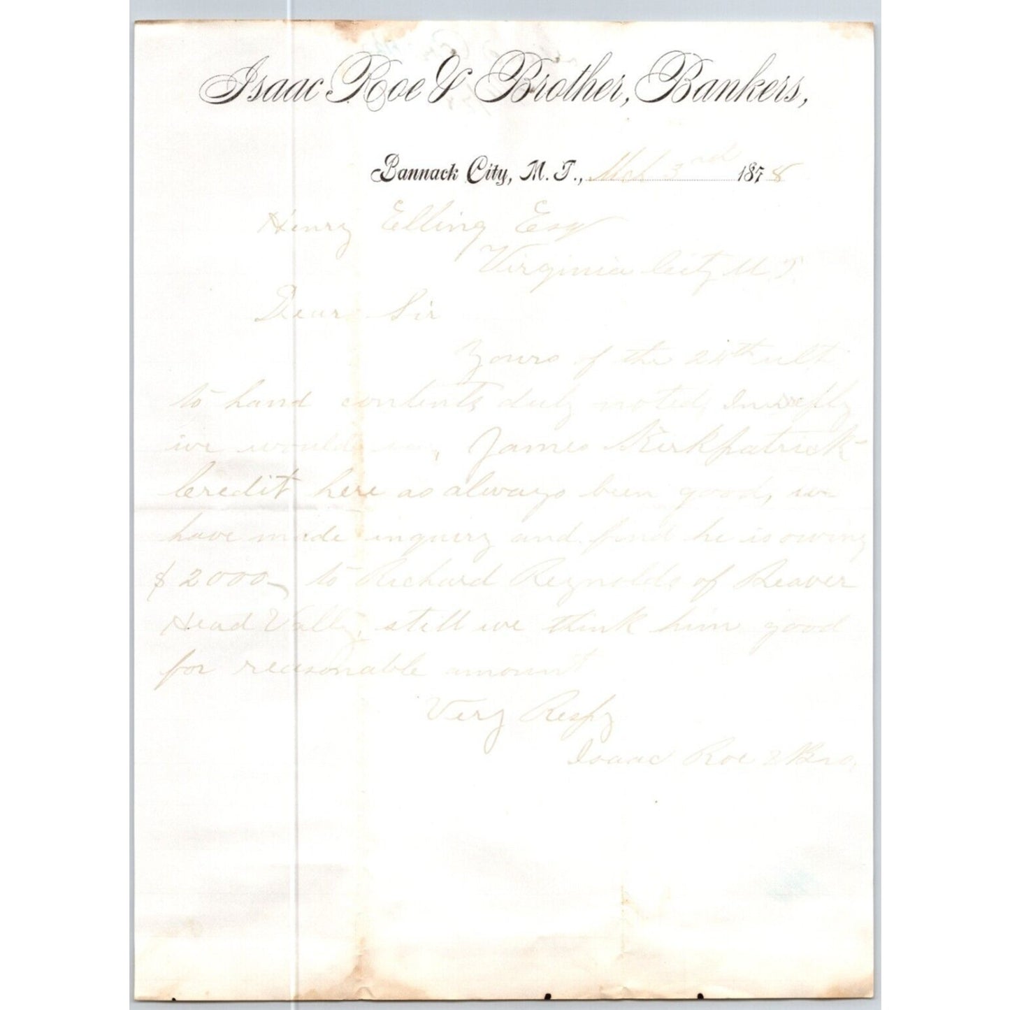 Isaac Roe & Brother Bankers Bannack City, MT 1878 ALS Letterhead - Henry Elling*