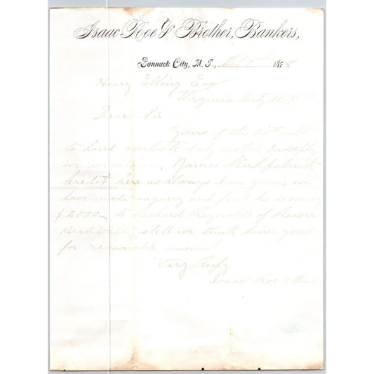 Isaac Roe & Brother Bankers Bannack City, MT 1878 ALS Letterhead - Henry Elling*