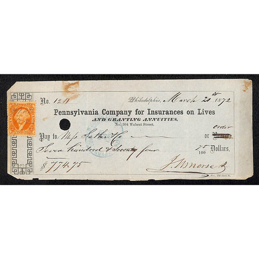 1872 Pennsylvania Company for Insurances on Lives w/ Rev Stamp #124