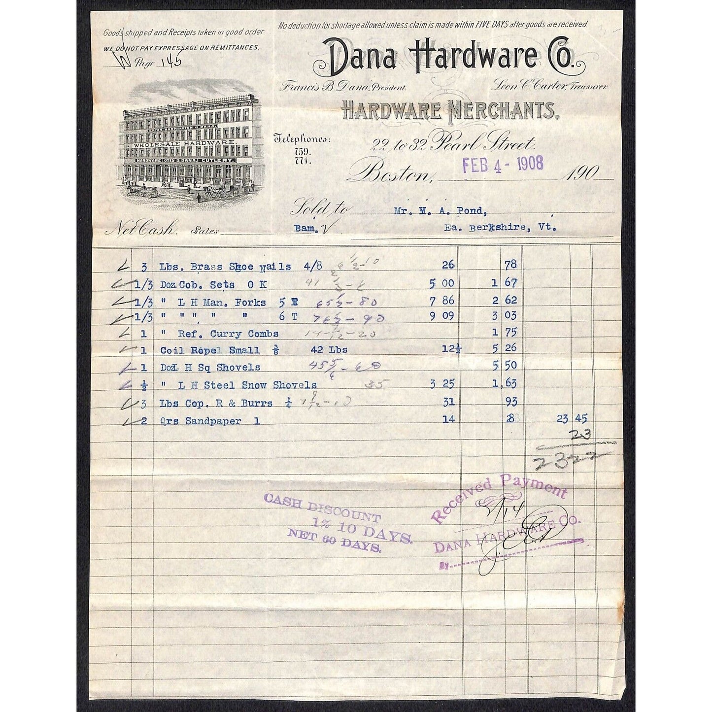 Dana Hardware Co. Boston 1908 Billhead to W.H. Pond East Berkshire, VT