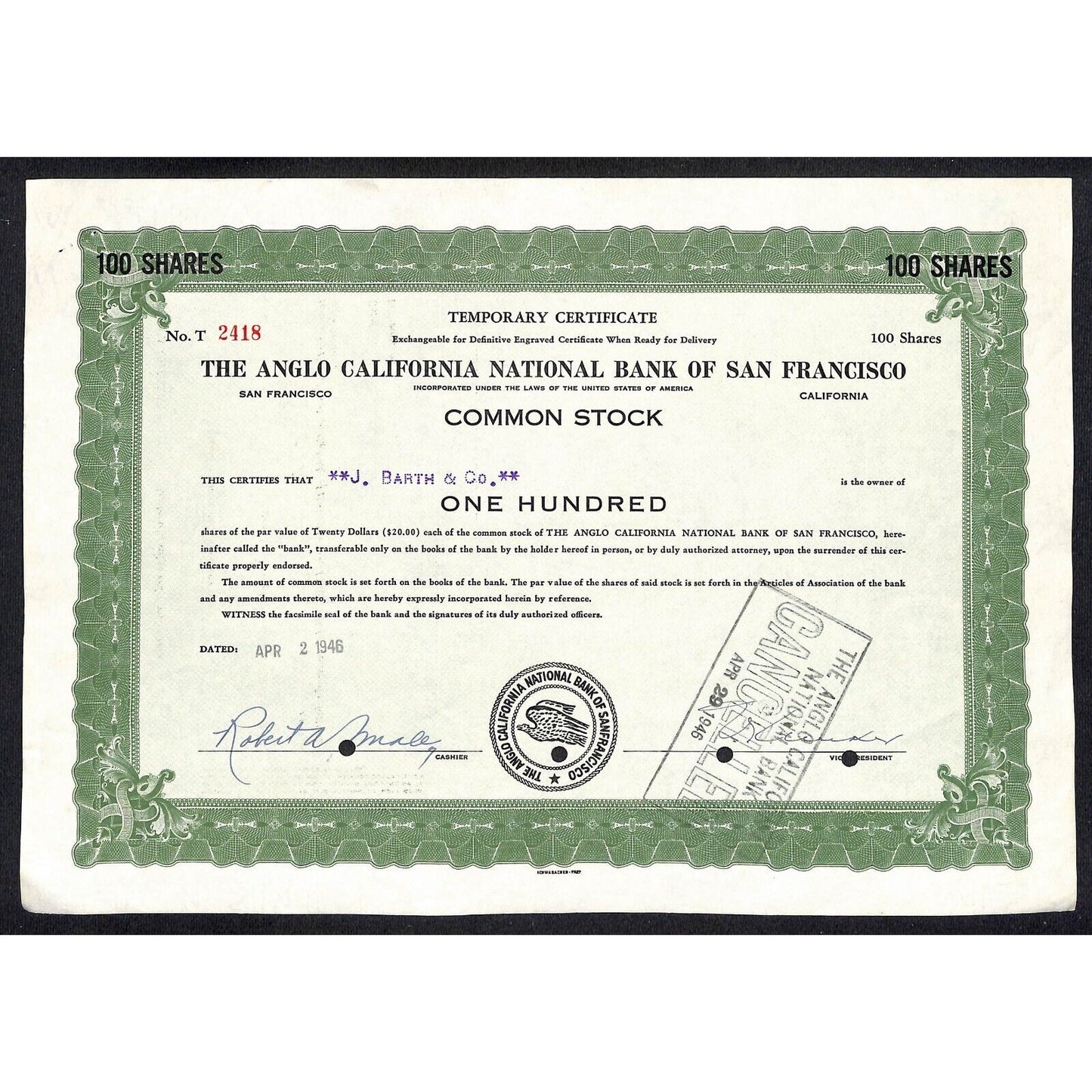 Angelo California National Bank San Francisco 1946 Temp. Stock Certificate #2418