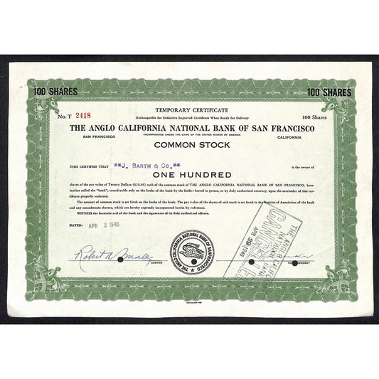 Angelo California National Bank San Francisco 1946 Temp. Stock Certificate #2418