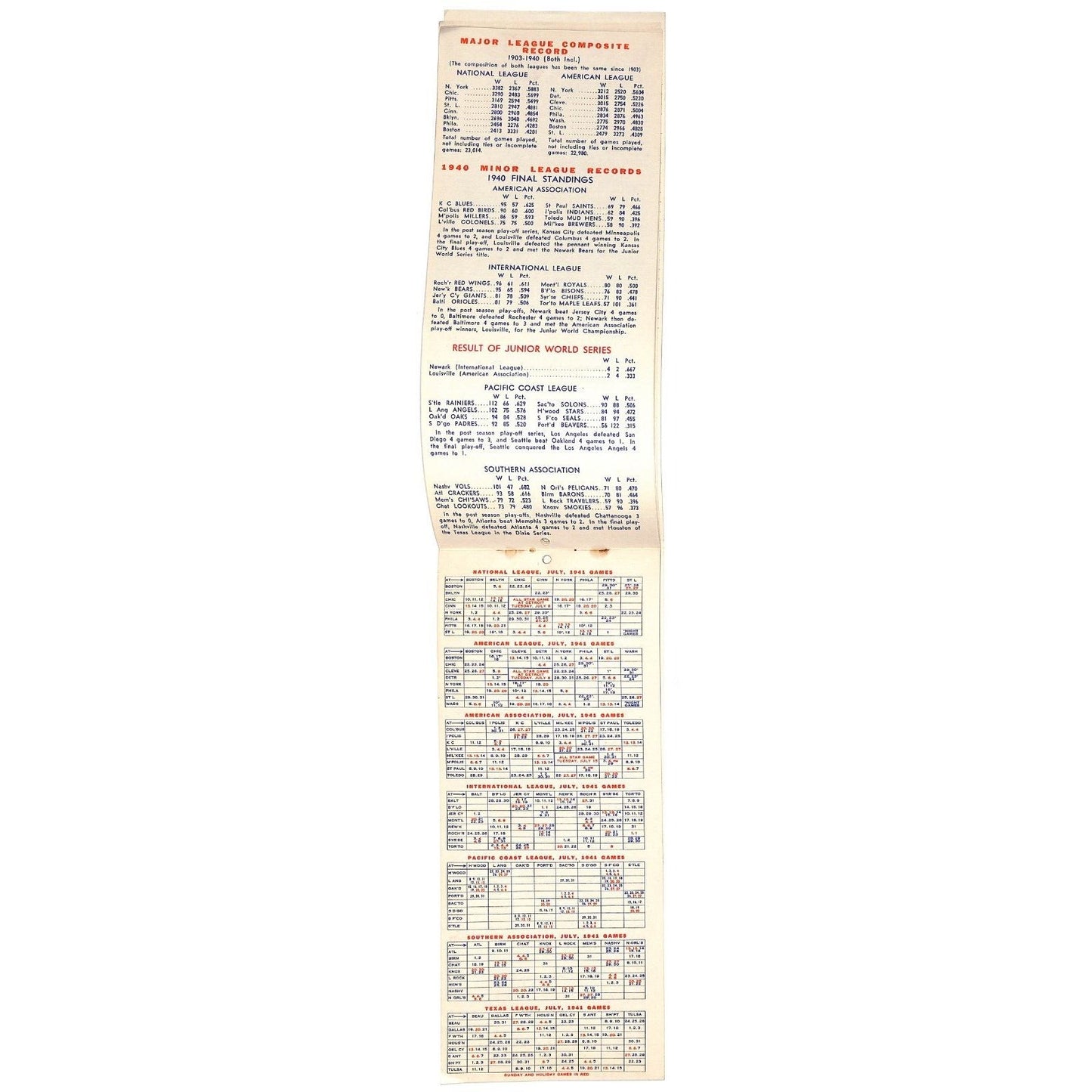 1941 Baseball Calendar Roaring Spring PA 3" x 8" Scarce Complete 20pp VGC