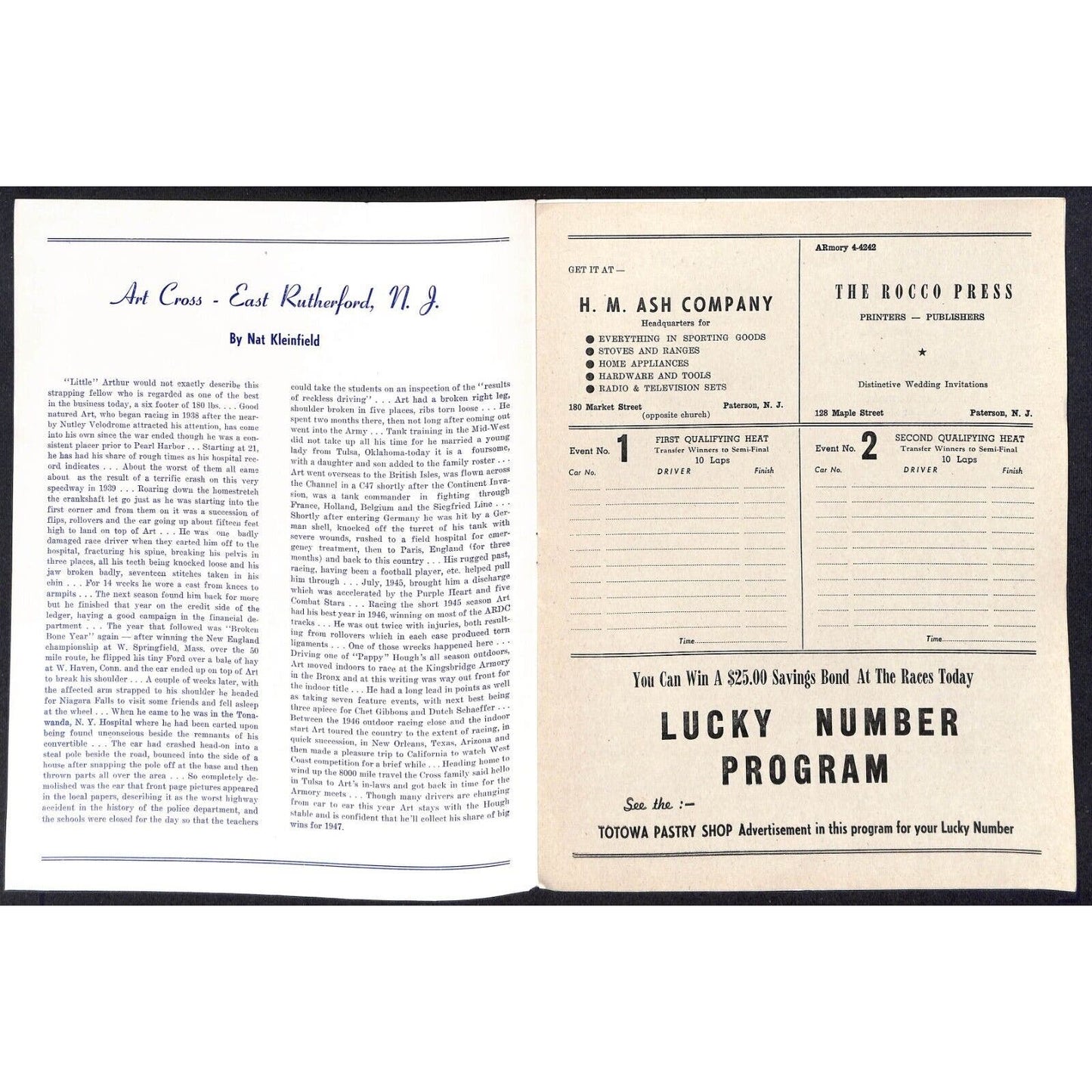 Hinchliffe Stadium Midget Auto Races 1947 Program Art Cross 4pp VGC Scarce