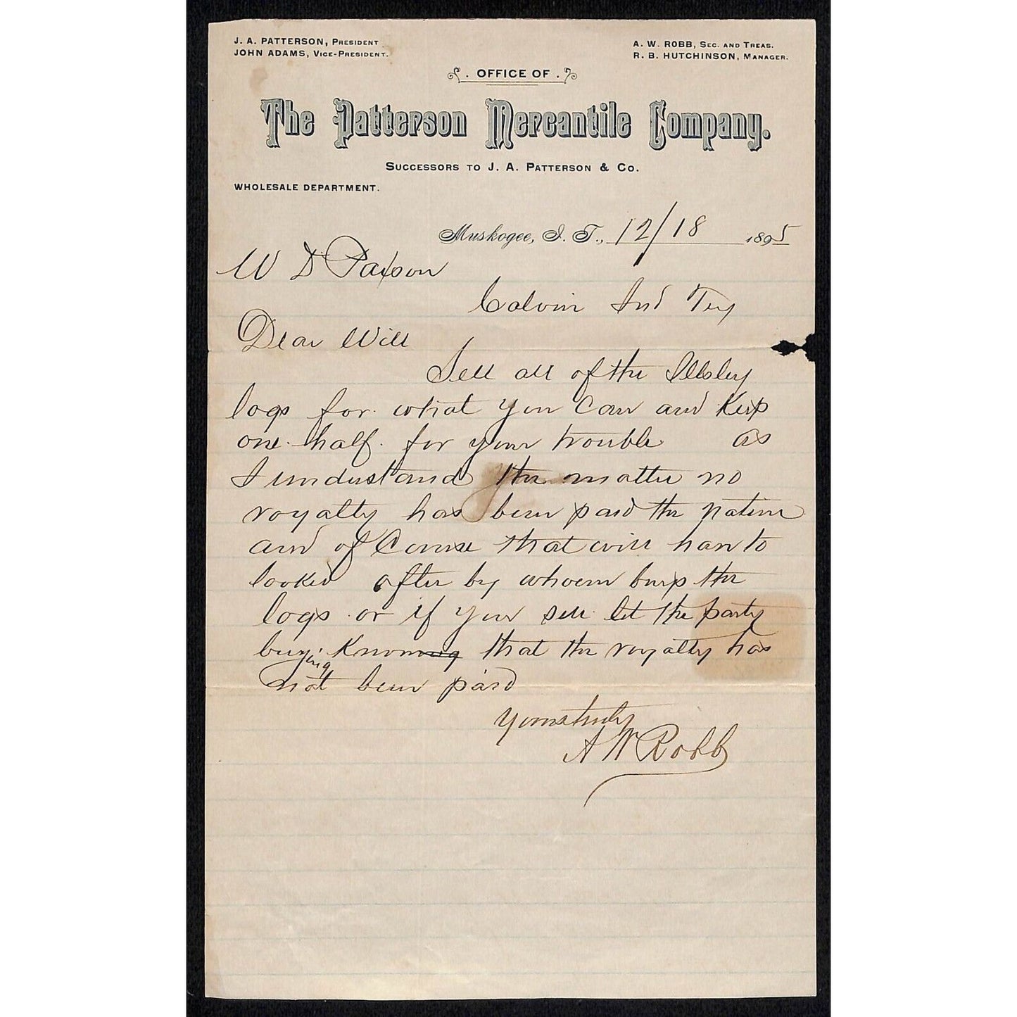 1895 Patterson Mercantile Co. Muskogee, OK I.T. ALS "Sell all..? Keep One Half"