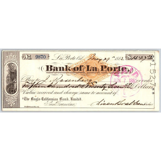 Bank of La Porte Check J. Rosenberg 1882 Mining Vignette RN-G1 Rev Stamp #9870