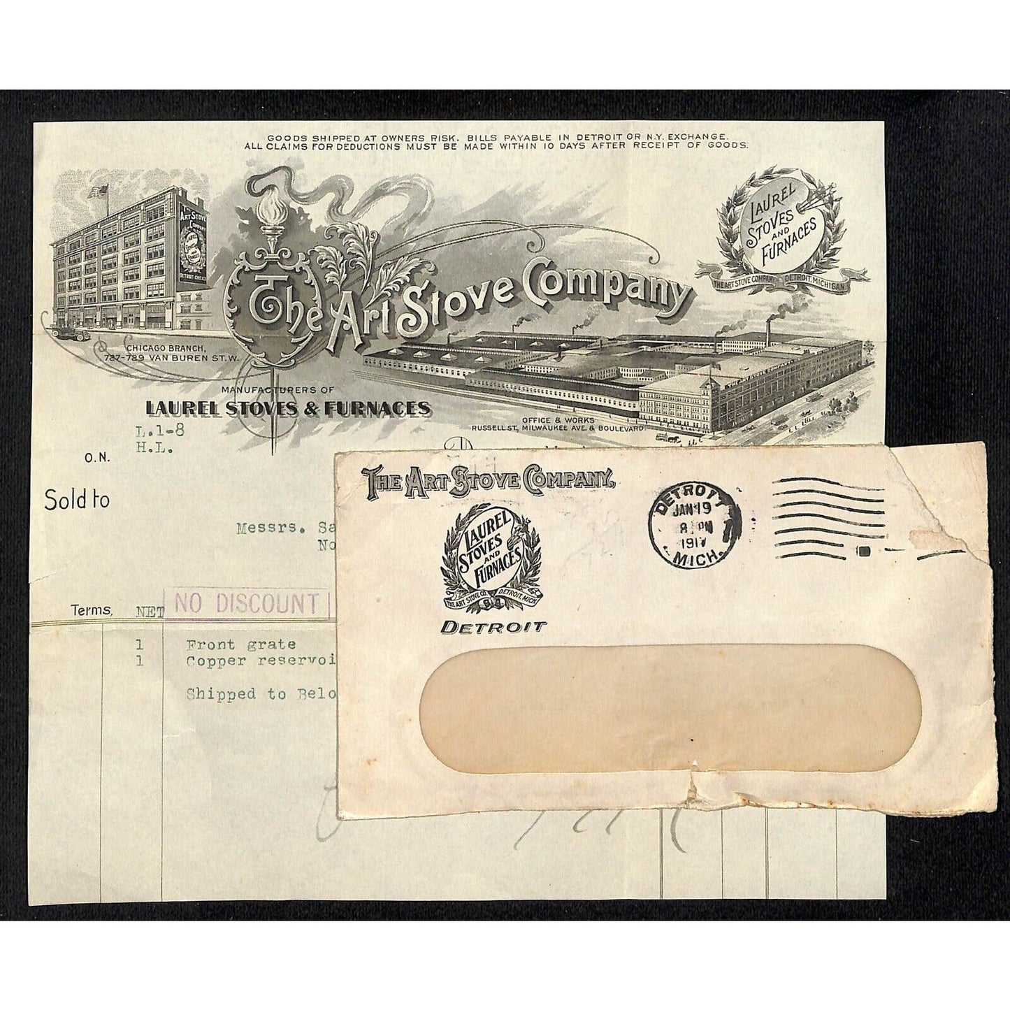 Art Stove Co. Detroit / Samuel Wang Co* N. Georgetown 1917 Billhead & Cover