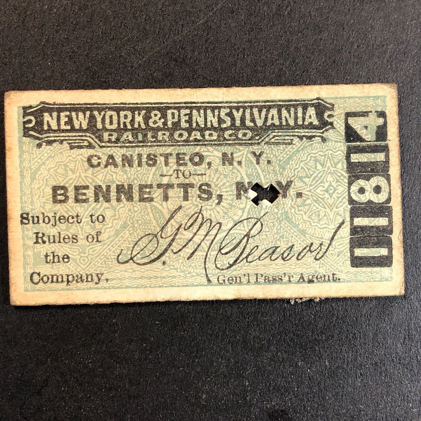 New York & Pennsylvania Railroad July 7 1917 Bennetts, NY Ticket #11814