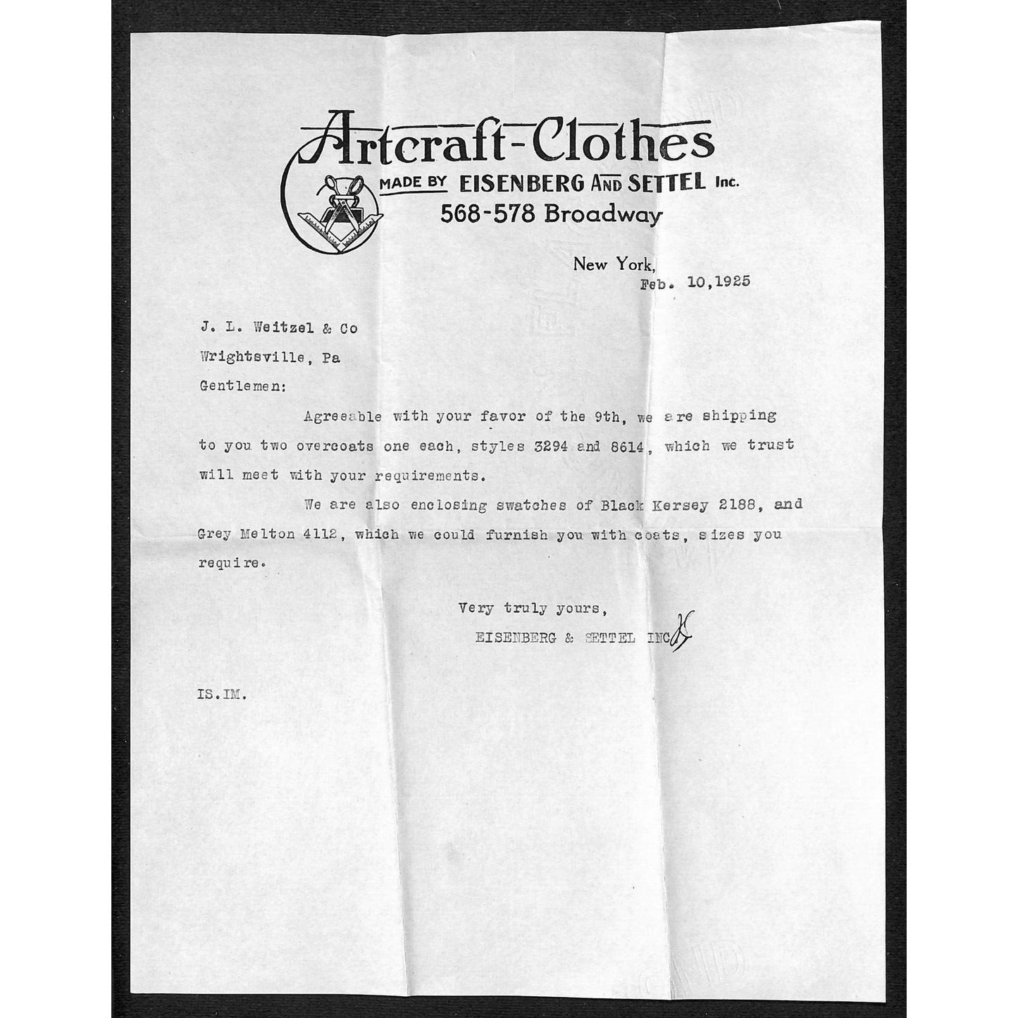 Artcraft Clothes Eisenberg & Settel Broadway NYC 1925 Billhead Letterhead Cover